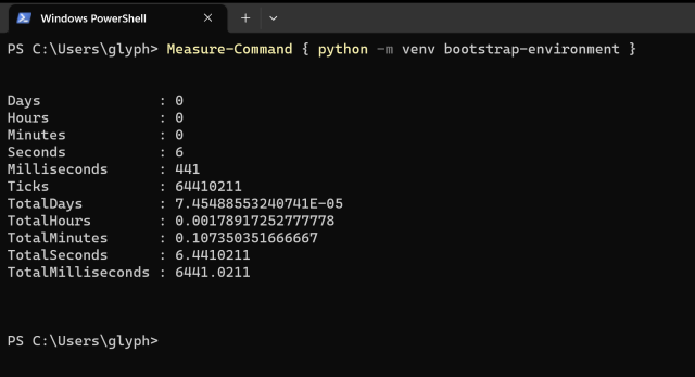 A screenshot of a PowerShell window showing `Measure-Command { python -m venv bootstrap-environment }` taking 6.4 seconds