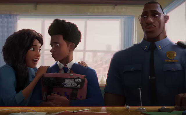 Miles Morales sporting a #BLM button on his bag.

(from the Across The Spider-Verse trailer)