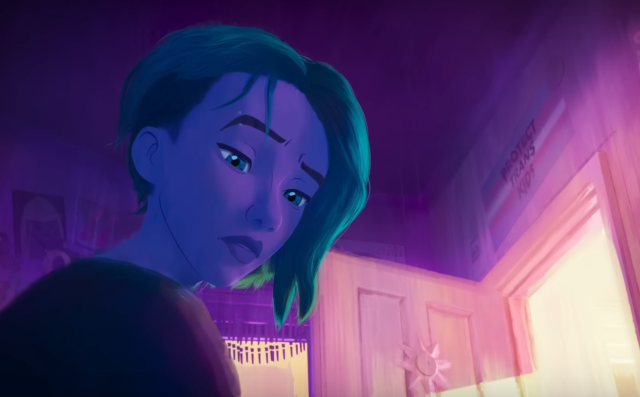 Gwen Stacy in a room with a "Protect Trans Kids" poster above the door.

(from the Across the Spider-Verse trailer)