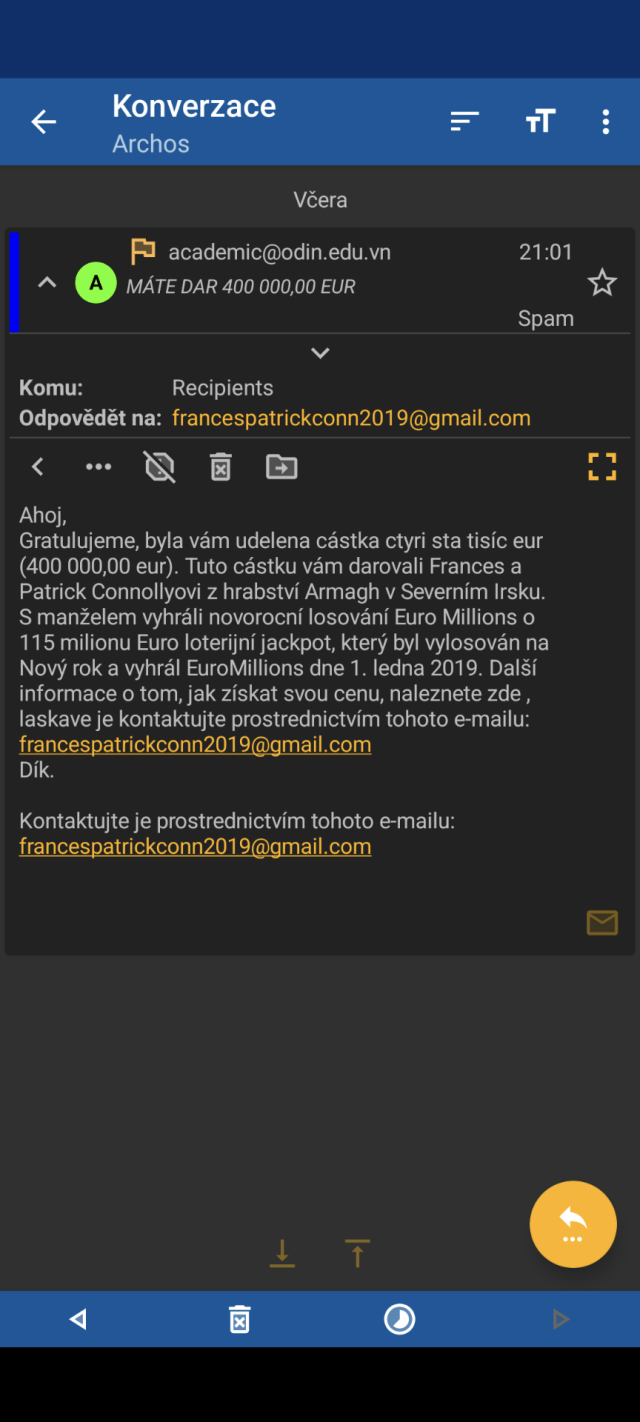 Screenshot emailu z aplikace FairMail, že jsem vyhrál 400000 eur, klasický spam