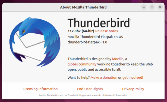 Thunderbird Beta "About" window, showing version 112.0b7 installed via Flatpak on Ubuntu. 