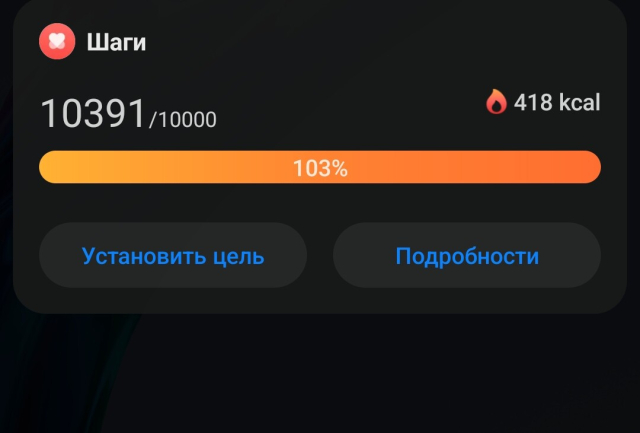 Скриншот из программы подсчёта шагов. Вверху надпись "Шаги". Ниже, в левой части экрана "10391/10000", в правой части экрана "418 kcal". Ещё ниже оранжевая полоска прогресса, на ней надпись 103%.