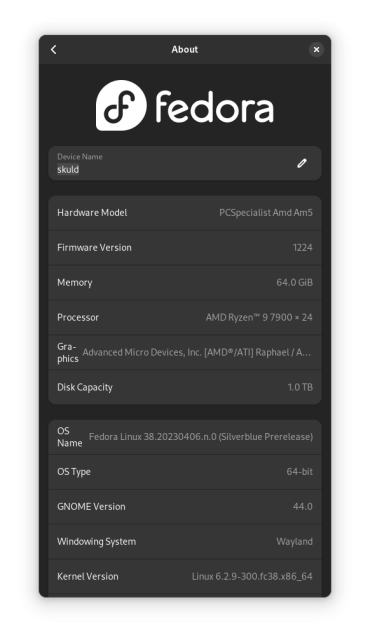 The About section of GNOME's settings, showing the hardware of my new desktop PC, as well as the fact that I'm running the latest Fedora using Wayland as the display server
