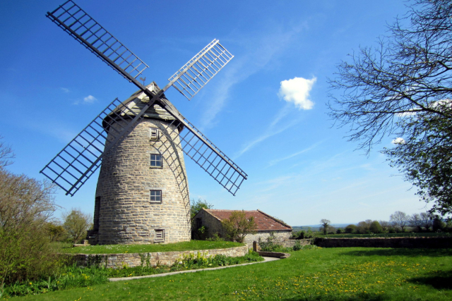 Stembridge Tower Mill under a blue sky on a green lawn