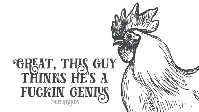 A woodcut of a rooster next to the words "Great, this guy thinks he's a fuckin genius"