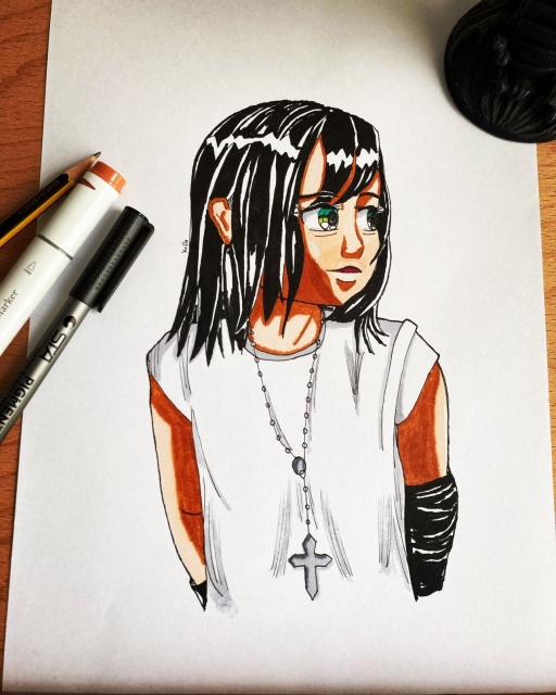 Colorfull drawing of a girl in white t shirt