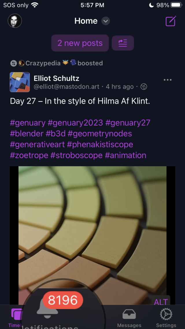 Icecubes app that shows my Mastodon notifications, which is 8196.