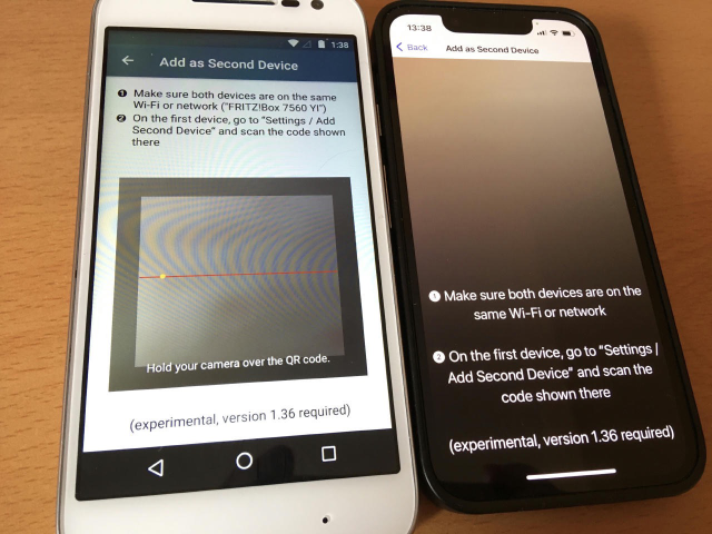 two smartphone showing Delta Chat's "Add as Second Device" screen