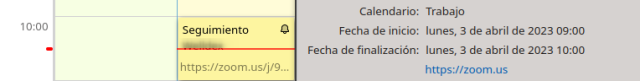 Recorte de pantalla que muestra la franja horario de las 10:00 AM en el calendario de Thunderbird, con una cita dibujada sobre dicha hora y la ventana de detalles de dicha cita que tiene como fecha de inicio las 9:00 AM, evidenciando la discrepancia.