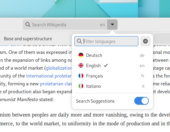 Screenshot of the language popover in Wike, which spawns from an arrow to the right of the search entry in the headerbar. The popover has a filter search entry at the top, then a list of configured languages, and a switch below to turn search suggestions on/off.