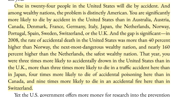 One in twenty-four people in the United States will die by accident. And among wealthy nations, the problem is distinctly American. You are signicantly more likely to die by accident in the United States than in Australia, Austria, Canada, Denmark, France, Germany, Italy, Japan, the Netherlands, Norway, Portugal, Spain, Sweden, Switzerland, or the U.K. And the gap is signicant—in 2008, the rate of accidental death in the United States was more than 40 percent higher than Norway, the next-most-dangerous wealthy nation, and nearly 160 percent higher than the Netherlands, the safest wealthy nation. That year, you were three times more likely to accidentally drown in the United States than in the U.K., more than three times more likely to die in a traffic accident here than in Japan, four times more likely to die of accidental poisoning here than in Canada, and nine times more likely to die in an accidental here here than in Switzerland.