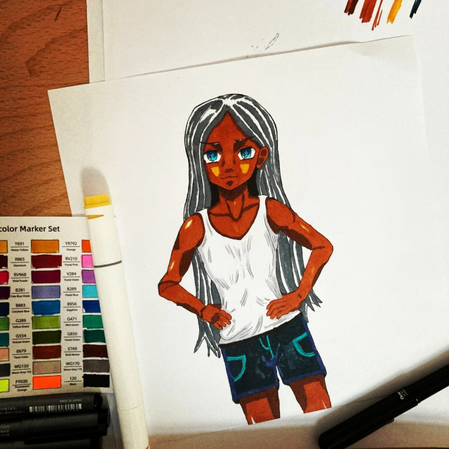 Drawing of a anime style girl with brown skin and long dark hair