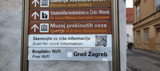 Tourist sign on the street, pointing people to places like a gallery, a cathedral, tourist info, and the Museum of Broken Relationships 