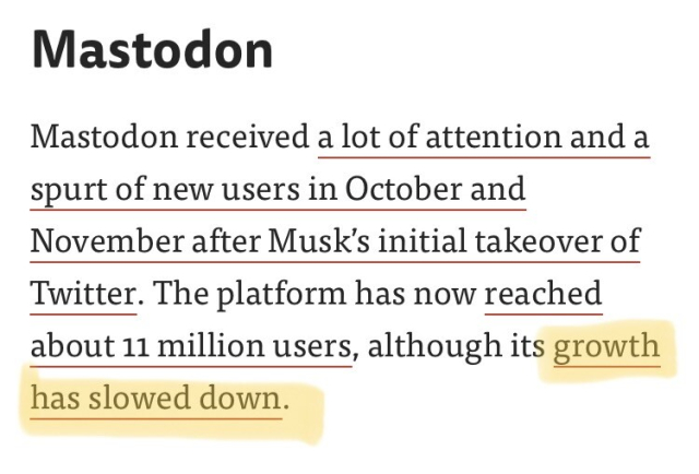 Mastodon

Mastodon received a lot of attention and a spurt of new users in October and November after Musk’s initial takeover of Twitter. The platform has now reached about 11 million users, although its growth has slowed down.