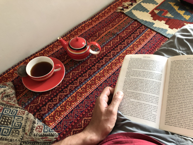 La tarima cubierta de tapetes con grecas de colores. Una tetera y una taza con té pu-erh sobre un plato. Mi libro abierto. Piezas de piano de Bartók en el fondo. Mozzarello junto a mis pies, echadito.