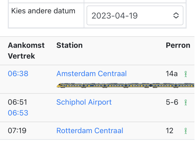 Screenshot from treinposities.nl showing the 06:38 Amsterdam to Rotterdam direct train operated on 2023-04-19 by an ICNG train set.