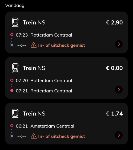 A screenshot of OVpay app showing two unfinished journeys that are actually Intercity Direct supplements as well as one cancelled check in which is actually a cancelled buying of a supplement.