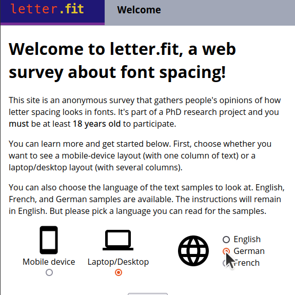 When you first visit the site, you can choose the language you want to work in and whether you want to look at desktop or mobile layouts...