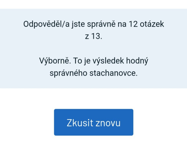 Výsledek kvízu, správně 12 otázek že 13 