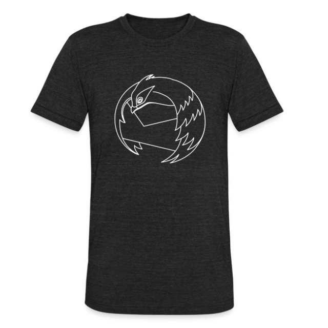 A black t-shirt with an all-white, wireframe style Thunderbird logo