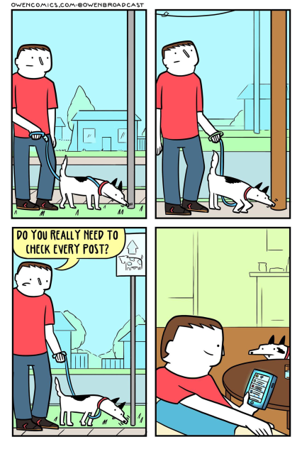 A 4-panel comic of a man walking his dog. In the first three frames, the dog is sniffing different things like a bush, a light post, and a fire hydrant. In the third panel, the man asks “do you really need to check every post?” In the 4th panel, the man is sitting at home scrolling social media, highlighting the irony of his question.