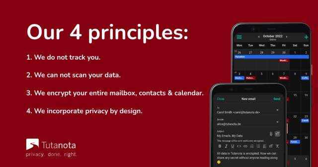 Our 4 principles - 1. We do not track you. 2. We can not scan your data. 3. We encrypt your entire mailbox, contacts & calendar. 4. We incorporate privacy by design. 
