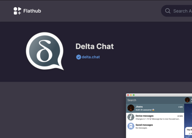 the flathub website for deltachat showing that the website is verified