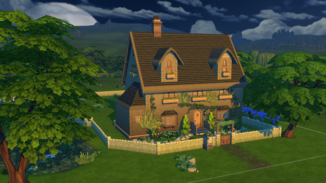 A three-story thatched english cottage in the sims.