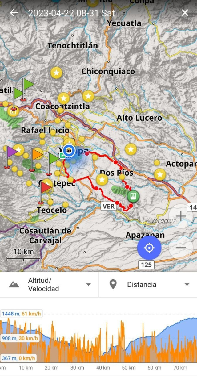 captura de osmand con el registro del día. Abajo el análisis de altura de la ruta deja ver cómo primero bajamos de 1448 msnm a ~600 para luego subirlos.