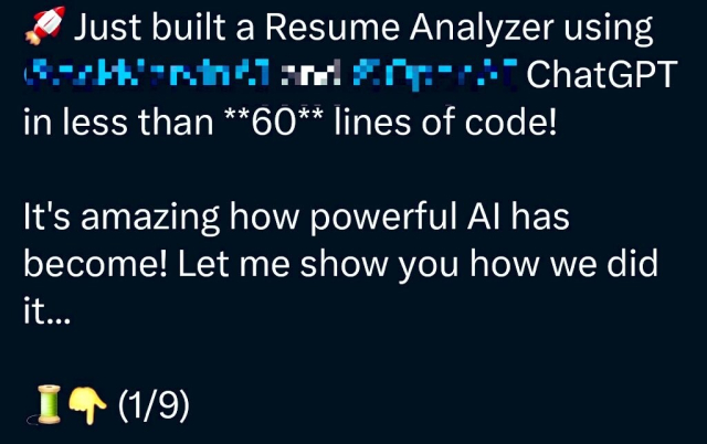 Tweet: Just built a Resume Analyzer using
in less than **60** lines of code!
It's amazing how powerful Al has become! Let me show you how we did it...
(1/9)