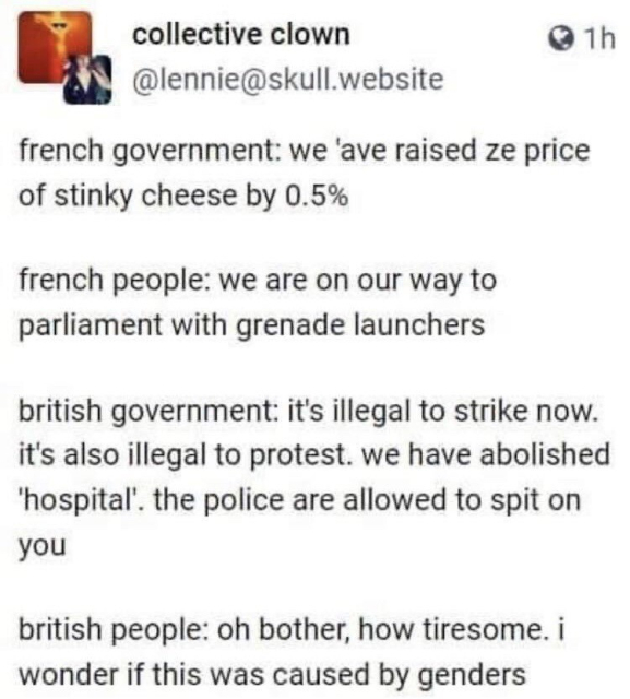 collective clown @lennie@skull.website 

french government: we ‘ave raised ze price of stinky cheese by 0.5% 

french people: we are on our way to parliament with grenade launchers 

british government: it's illegal to strike now. it's also illegal to protest. we have abolished 'hospital'. the police are allowed to spit on you 

british people: oh bother, how tiresome. i wonder if this was caused by genders 