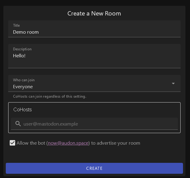 screenshot showing creation of an audio room