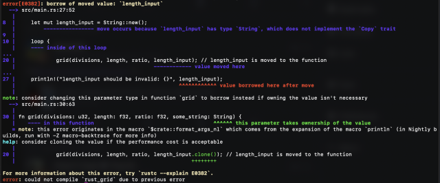 A screenshot of compiler errors from Rust in the macOS command line, showing the source of the error, a detailed explanation, and possible solutions to the problem.