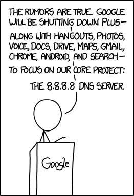 The linked xkcd comics strip. There is a Google spokesperson saying:
"The rumors are true. Google will be shutting down Plus - along with Hangouts, Photos, Voice, Docs, Drive, Maps, Gmail, Chrome, Android, and Search - to focus on our core project. The 8.8.8.8 DNS server."