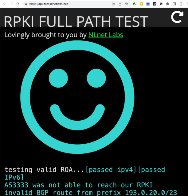 A screenshot of rpkitest.nlnetlabs.net showing a big cyan smiley.