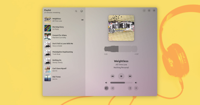 Yellow background with  a screenshot of the Amberol music player in wide mode on top of it