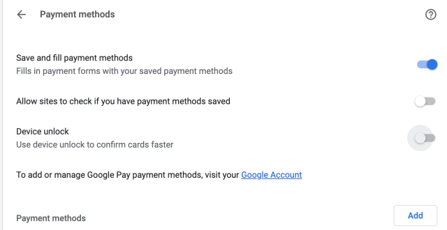 A screenshot of Payment methods settings of a Google Chrome browser.