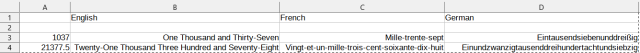 Screen grab of spreadsheet with numbers as words in three languages, English, French, and German.

1037 One Thousand and Thirty-Seven;  Mille-trente-sept;  Eintausendsiebenunddreigi 

21377.5 Twenty-One Thousand Three Hundred and Seventy-Eight;  Vingt-et-un-mille-trois-cent-soixante-dix-huit; ___Einundzwanzigtausenddreihundertachtundsiebzig: 