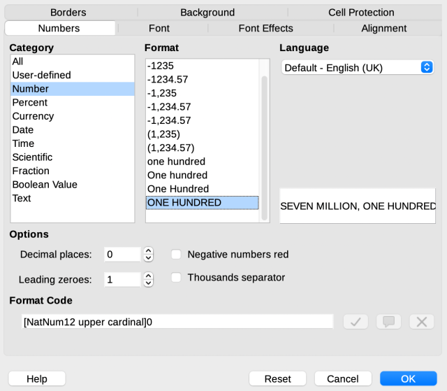 Screenshot of cell formatting