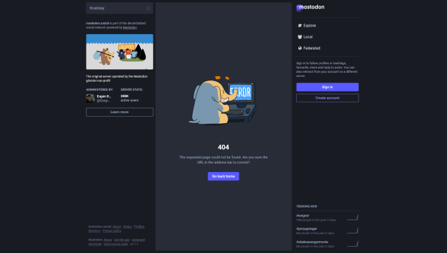 Search for #Calckey gives a 404 error page on mastodon.social