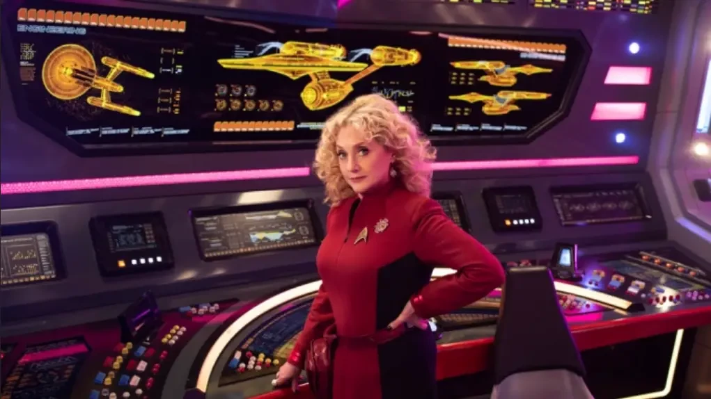 Chief Engineer Pelia (Carol Kane) in uniform, standing in front of an engineering workstation on the U.S.S. Enterprise (Strange New Worlds Season 2)