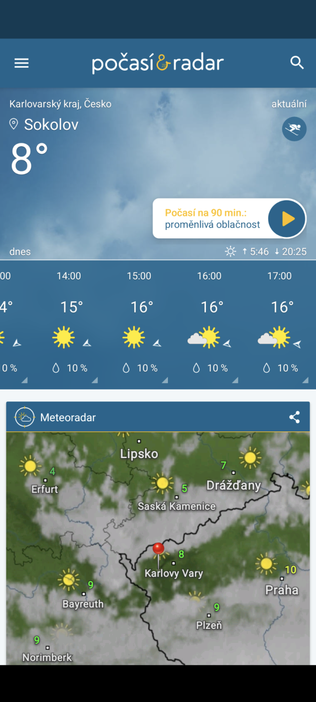 Screenshot z aplikaci počasí na Androidu. S přehledem jak bude dneska odpoledne.
