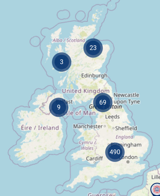 Screenshot of interactive map of UK. Circles with numbers indicate parties. Southern England is 490 and Northern England is 69 and Scotland 26.