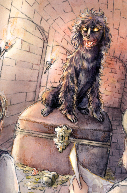 A very evil poodle sitting on a treasure chest in a subterranean vault.