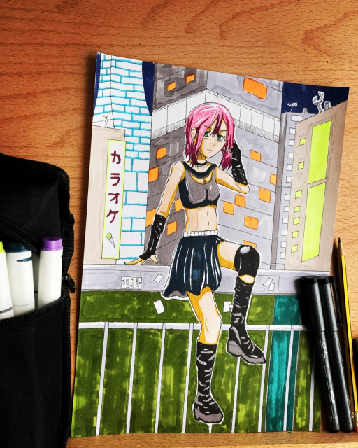 Drawing in manga/anime style of a girl in front of a city