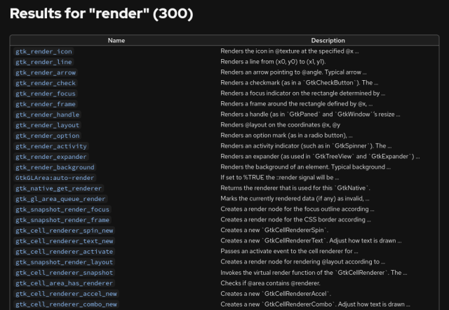 The current search result page for gi-docgen, with the results in a plain table, with the match on the left side, and a shortened summary on the right side