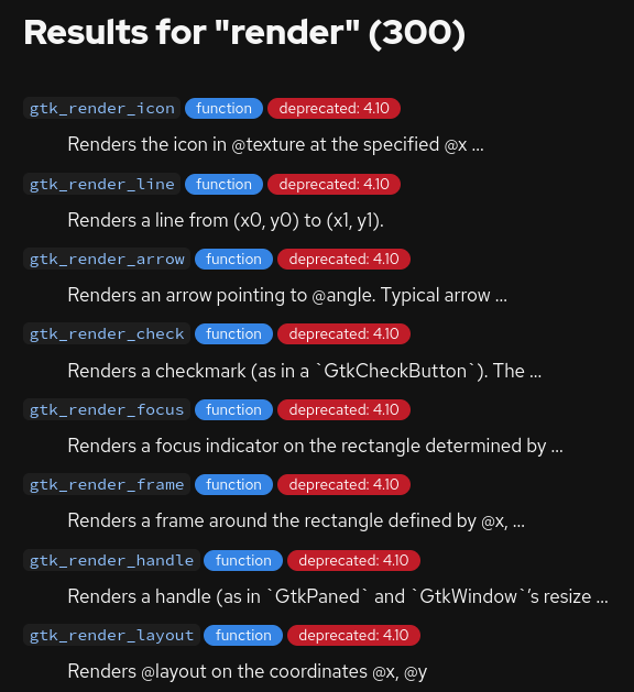 The proposed new search results page for gi-docgen, with the results in a simple list, with emblems for result types, and deprecations