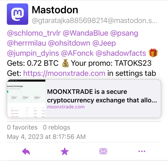 A DM from an account purporting to be Mastodon saying that I’ve won some bitcoins 