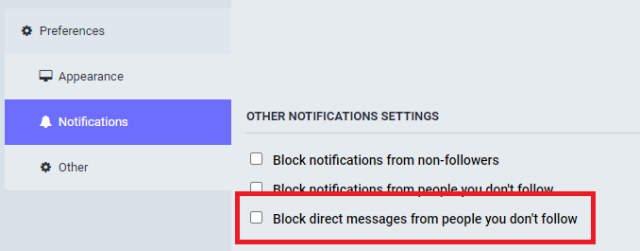 A screenshot showing the "Block direct messages" option in the Notification settings