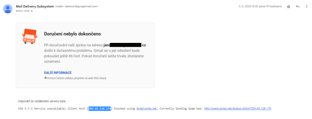 Google's email delivery message saying that sent email was rejected by recipient's server because Google's IP address is on a spamlist.